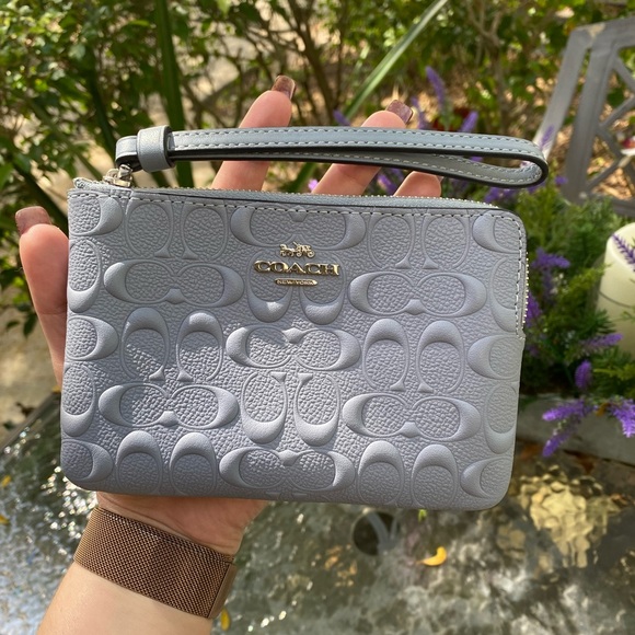 Coach Light Blue Embossed Logo Zippered Wristlet - Picture 4 of 16